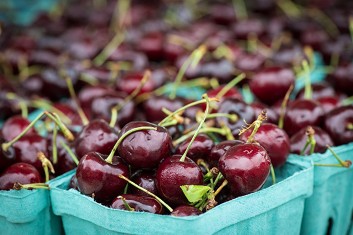 Cherries in container at farmers market