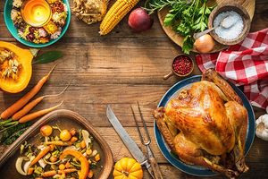 Table laid with big Thanksgiving meal