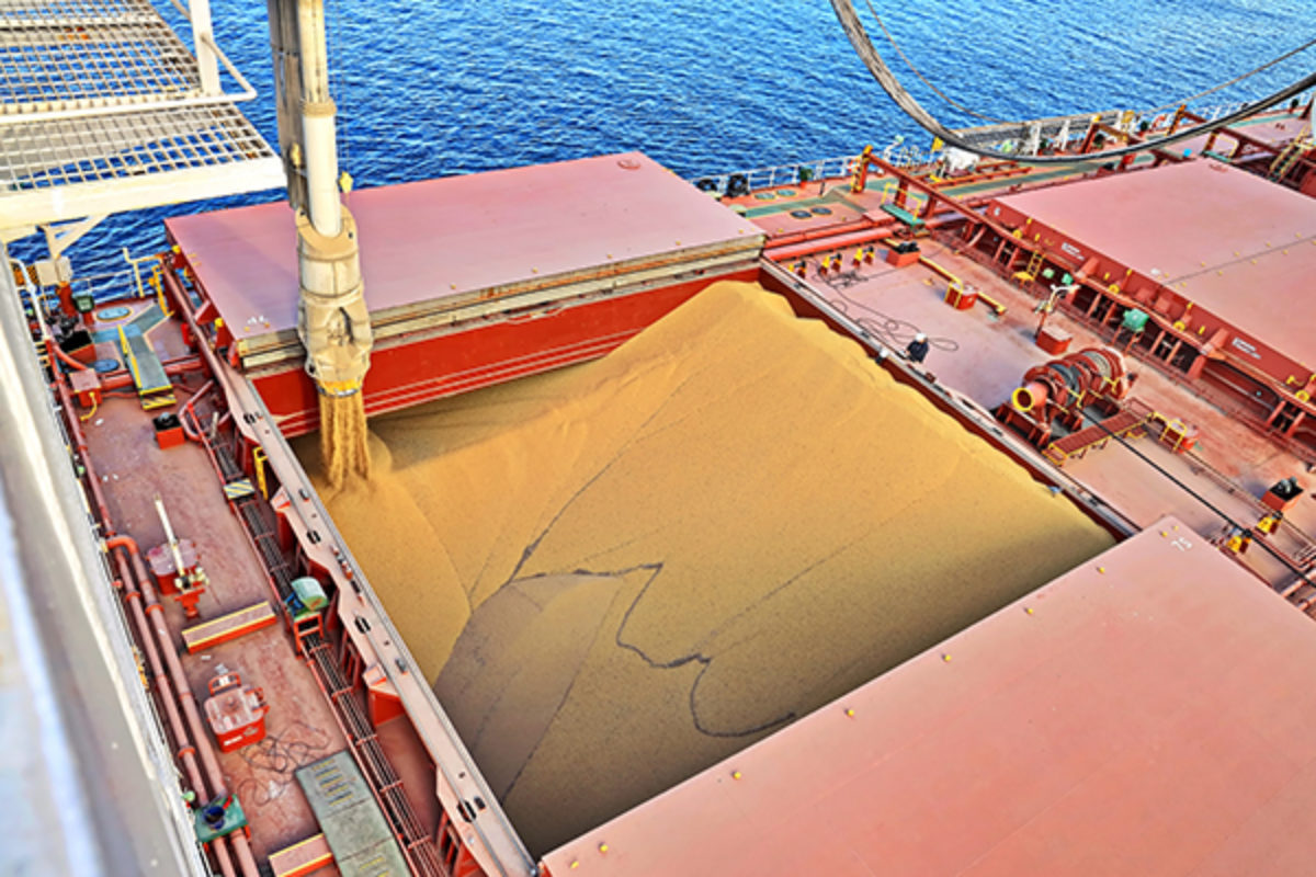 Grain being loaded into a ship for export in Portland Oregon