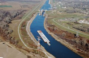 Barges transit through the Chain or Rocks Locks near St. Louis, MO