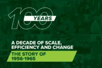 ProAg crop insurance company flyer for the 100th year anniversary decade story on ProAg.com. 100 Year logo with title of "A Decade of Scale, Efficiency and Change" and continues with "The story of 1956-1965" ProAg is an equal opportunity provider.