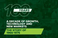 A photo behind a green overlay showing the history of the farmers and employees of ProAg Crop Insurance Company for it's 100th Anniversary celebration. It's promoting an article for the Story of 1966-1975 - A Decade of Growth, Technology and New Markets. ProAg is an equal opportunity employer and provider.