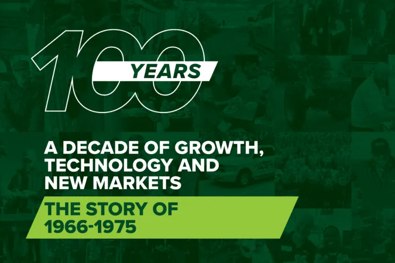 A photo behind a green overlay showing the history of the farmers and employees of ProAg Crop Insurance Company for it's 100th Anniversary celebration. It's promoting an article for the Story of 1966-1975 - A Decade of Growth, Technology and New Markets. ProAg is an equal opportunity employer and provider.
