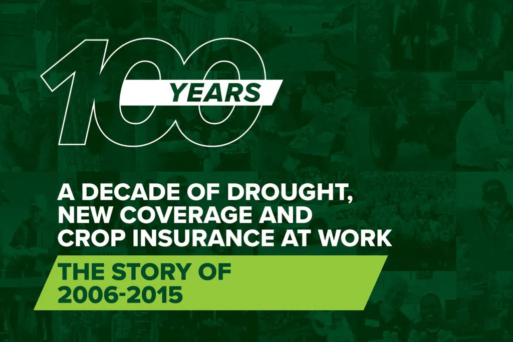 ProAg 100th anniversary graphic for the 2006–2015 decade story on drought, new coverage and crop insurance