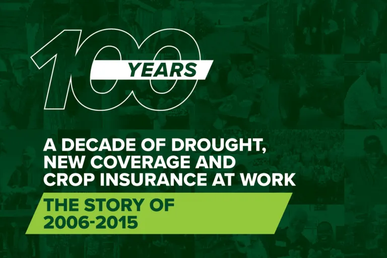 ProAg 100th anniversary graphic for the 2006–2015 decade story on drought, new coverage and crop insurance
